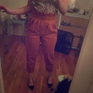 High-waist paperbag waist pleated trousers